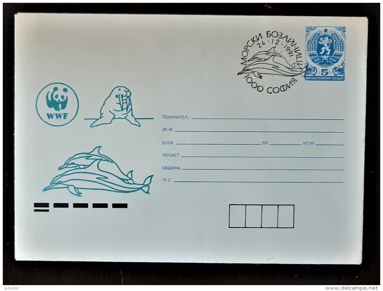 BULGARIE,  WWF, Dauphins, Entier Postal Emis En 1990  Avec Obliteration Thematique Dauphins - Cartas & Documentos