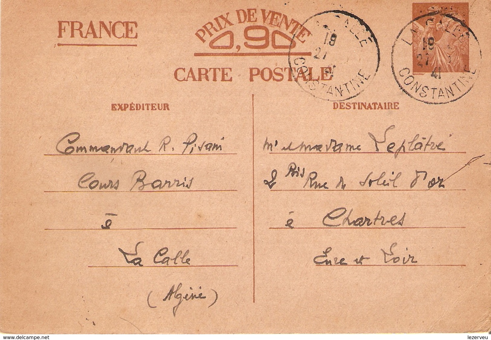 CARTE POSTALE ENTIER INTERZONE 0.90 IRIS CACHET DE LA CALLE CONSTANTINE ALGERIE POUR CHARTRES 1941 - Standard- Und TSC-Briefe (vor 1995)