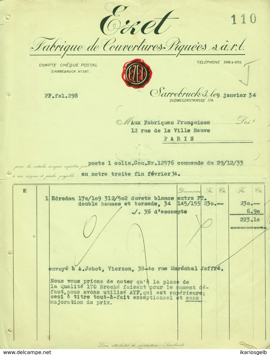 Saarbrücken Sarrebruck Facture 1934 Occupation Francaise Saargebiet " EZET Fabrique De Couvertures-Piquees " - Kleidung & Textil