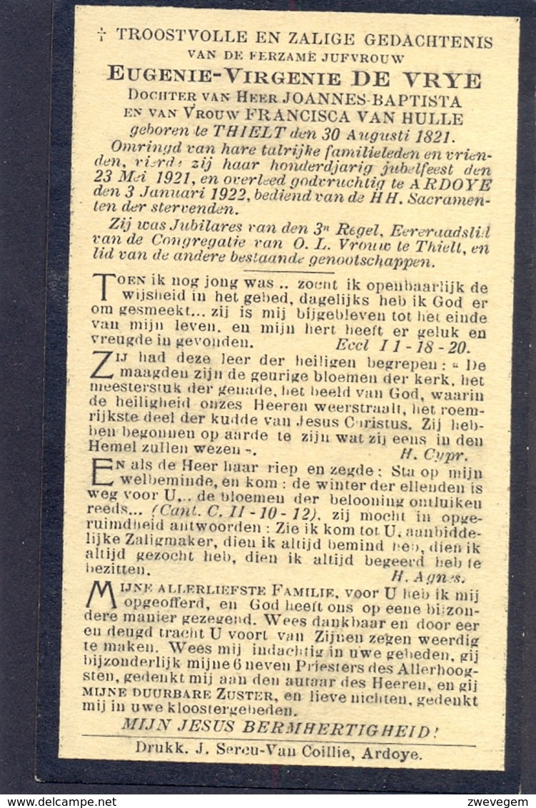 Eugenie-Virgenie De Vrye. Geb. Te Thielt 1821 En Overl. Te Ardoye 1922 (100 Jaar) - Devotieprenten