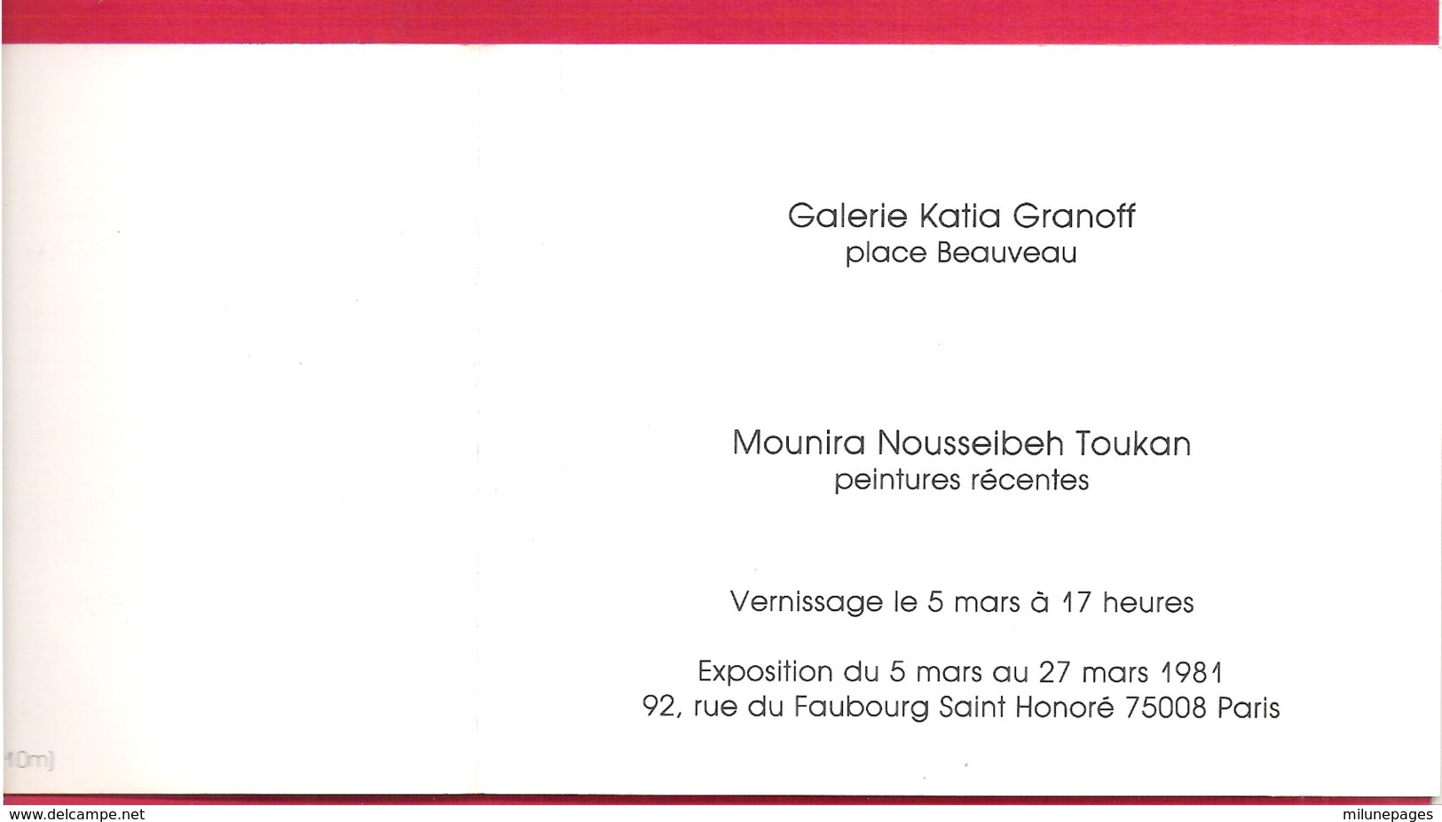 Carton Invitation Vernissage Mounira Nousseibeh Toukan Galerie Katia Granoff Place Beauveau 1981 - Other & Unclassified