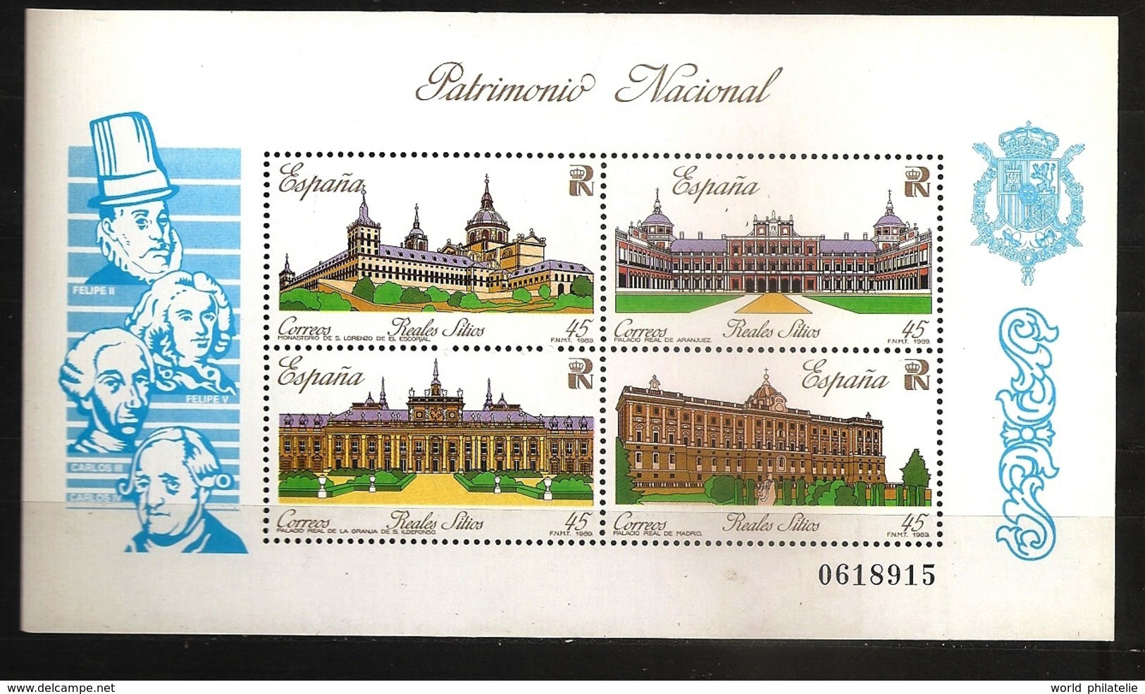 Espagne España 1989 N° BF 41 ** Patrimoine, Architecture, Monastère, Palais Royal, Madrid, Rois, Carlos, Felipe Aranjuez - Nuevos