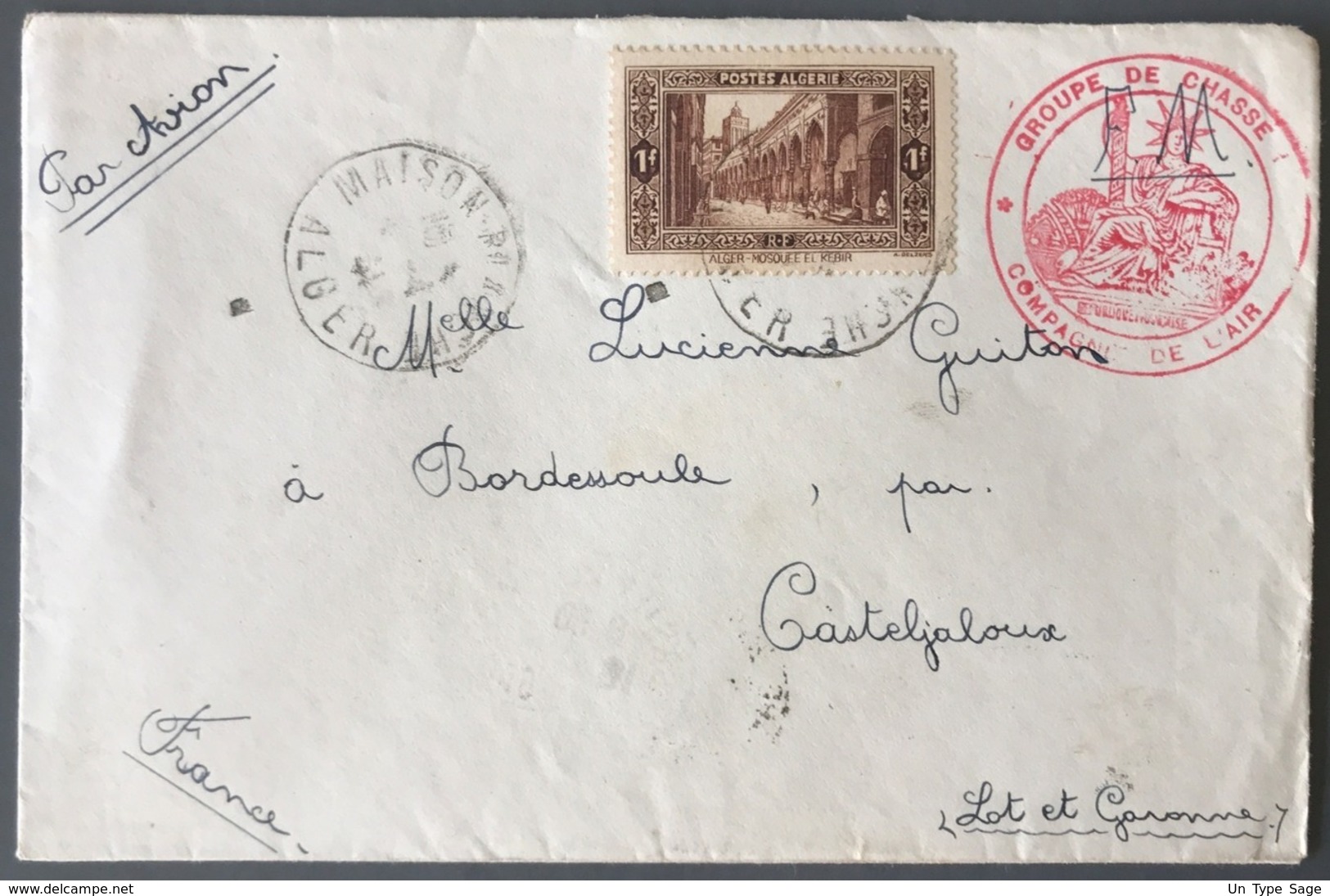 Algérie, Lettre (manque Rabat Au Verso) De Maison Blanche 1941 - Cachet GROUPE DE CHASSE COMPAGNIE DE L'AIR - (C1270) - Cartas & Documentos