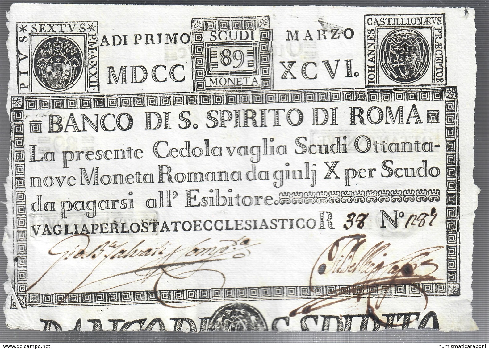 Banco Di Santo Spirito Di Roma 89 Scudi 01 03 1796 Ottimo Esemplare Fori Sulla Firma Spl Lotto.1550 - [ 9] Collections