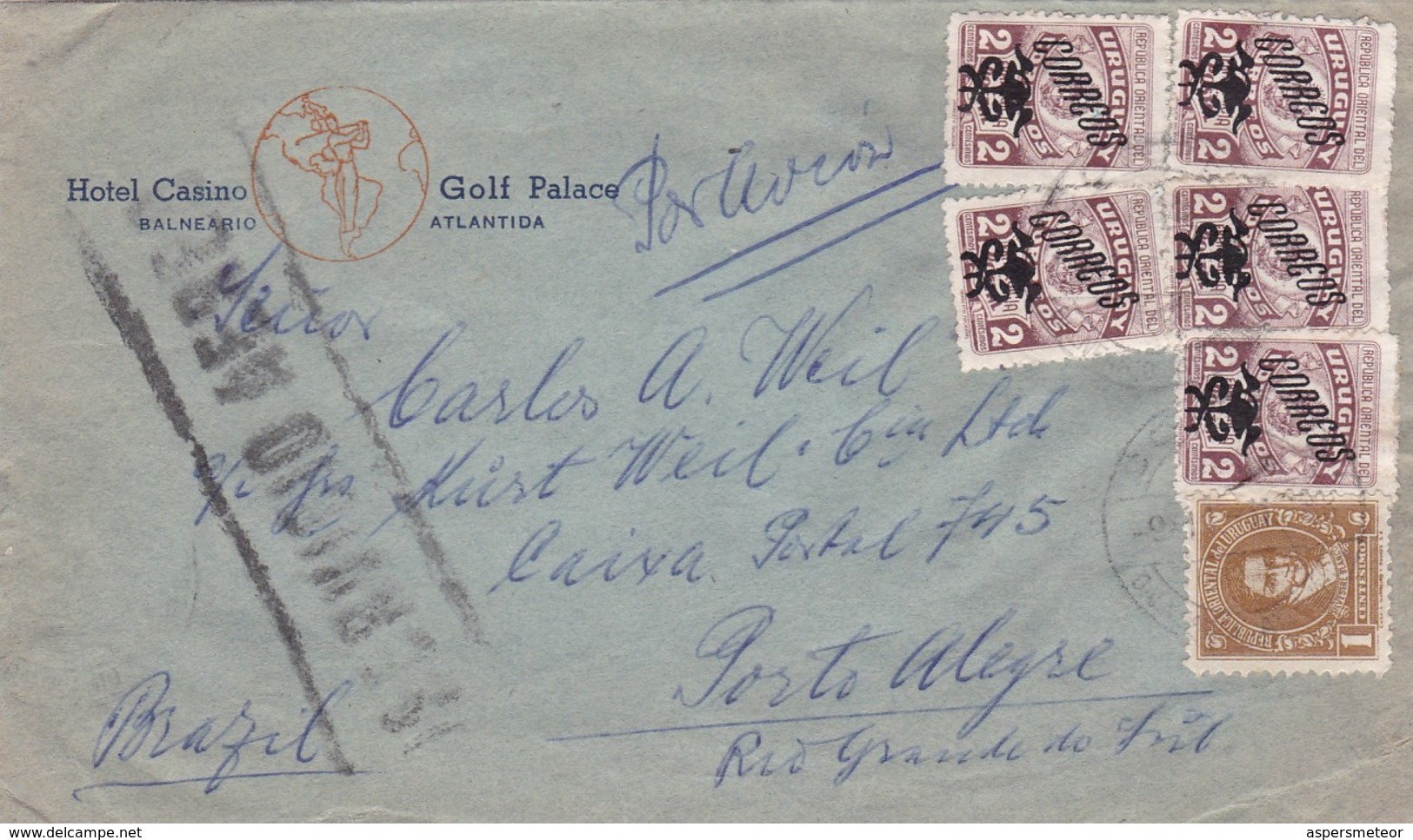 HOTEL CASINO, GOLF PALACE. URUGUAY ENVELOPE CIRCULEE DE BALNEARIO ATLANTIDA A PORTO ALEGRE, BRESIL ANNEE 1948 -LILHU - Uruguay