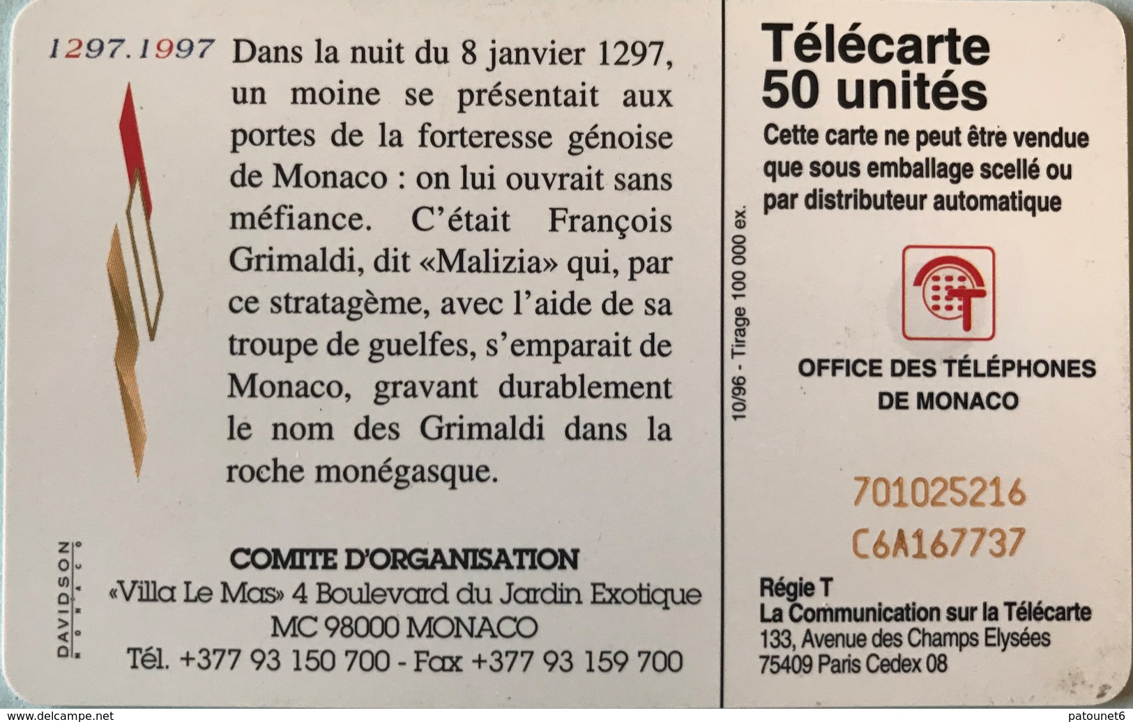 MONACO  -  Phonecard  -  MF 43  -  700 Ans Des Grimaldi   -  50 Unités - Monaco