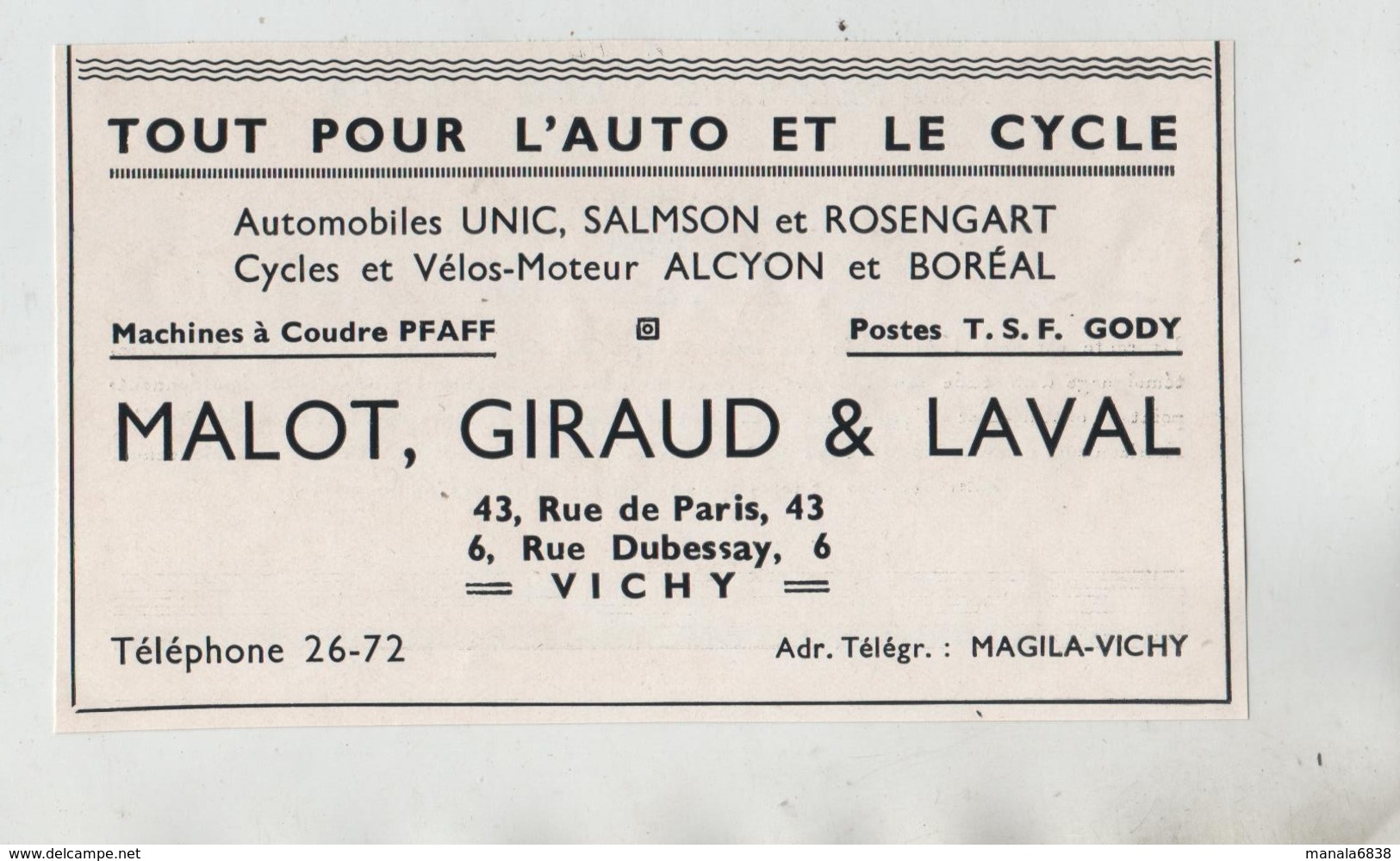 Vichy  Malot Giraud Laval Auto Cycle Unic Salomon Salmson Rosengart Alcyon Boréal Pfaff Gody - Publicités