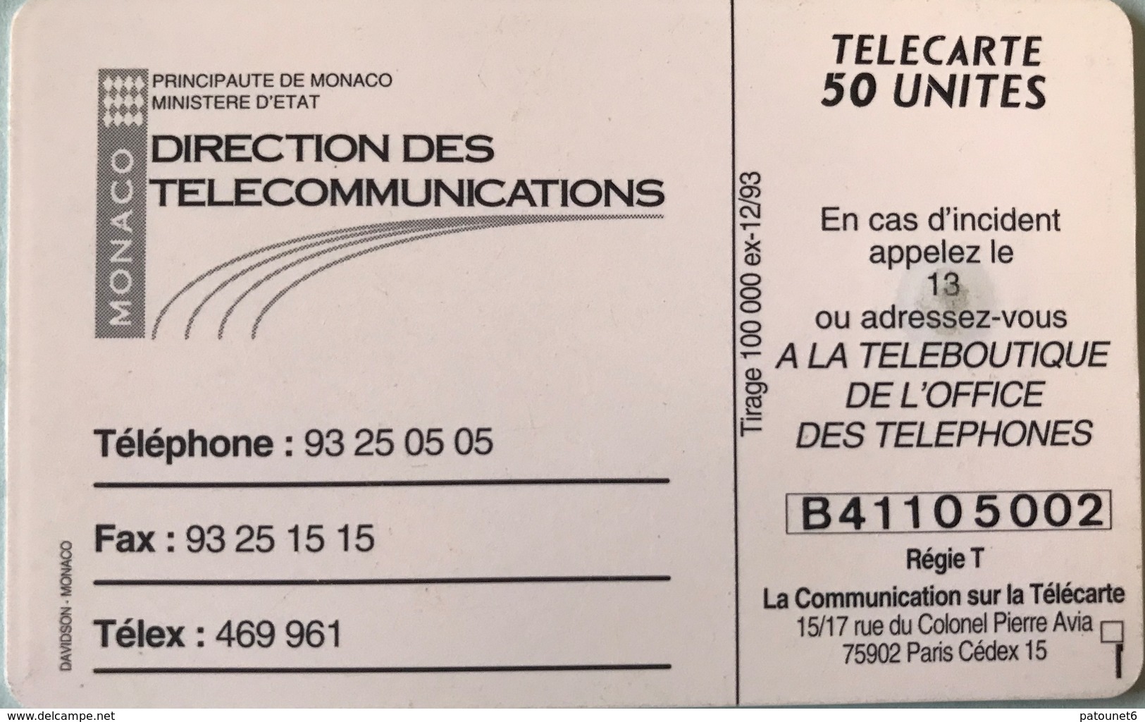 MONACO  -  Phonecard  -  MF 31  -  Direction  Des Telecom  -  50 Unités - Monaco