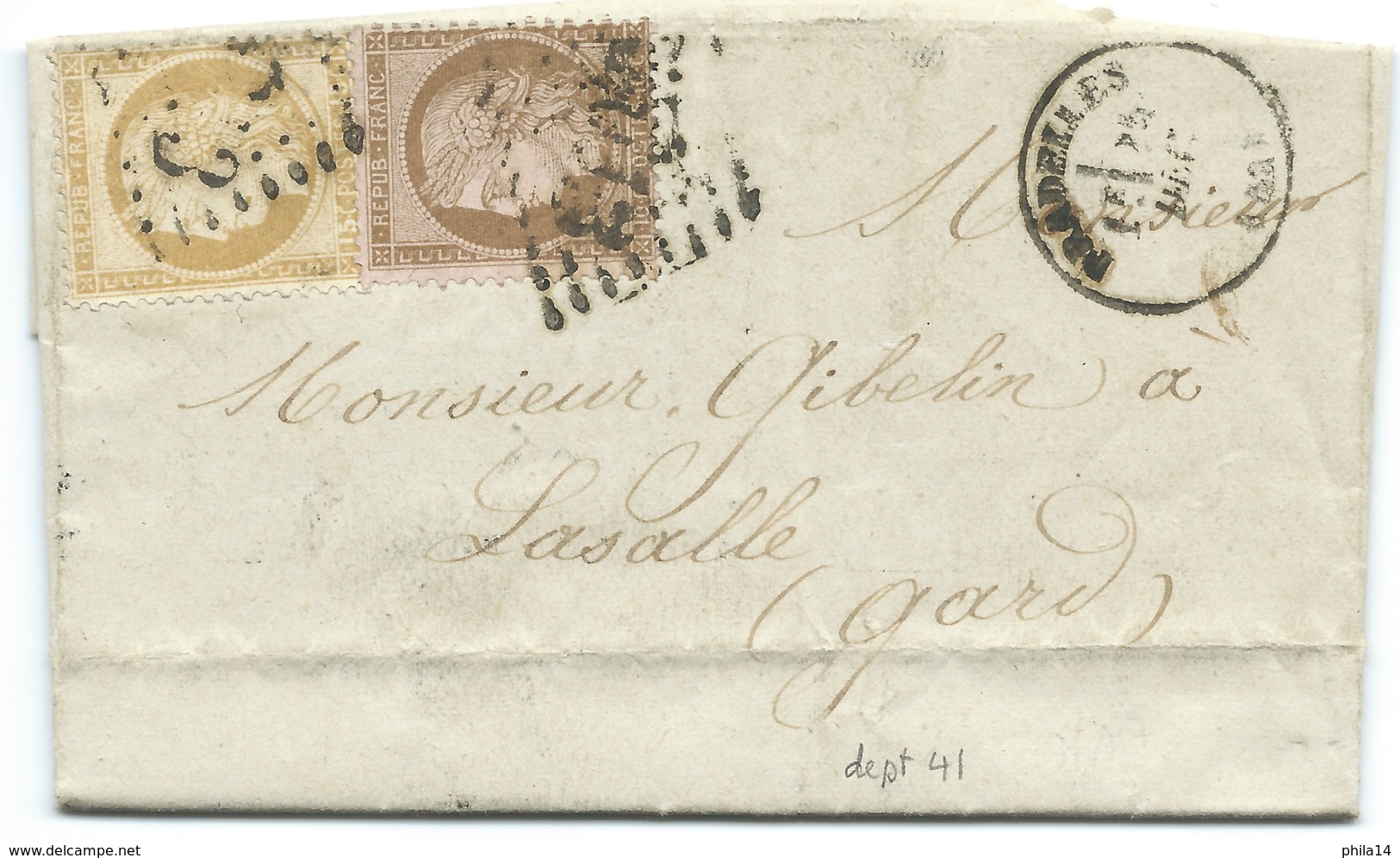 N° 55 & 58 CERES SUR LETTRE / PRADELLES HAUTE LOIRE POUR LASALLE / 1874 / ISSANLAS - 1849-1876: Periodo Clásico