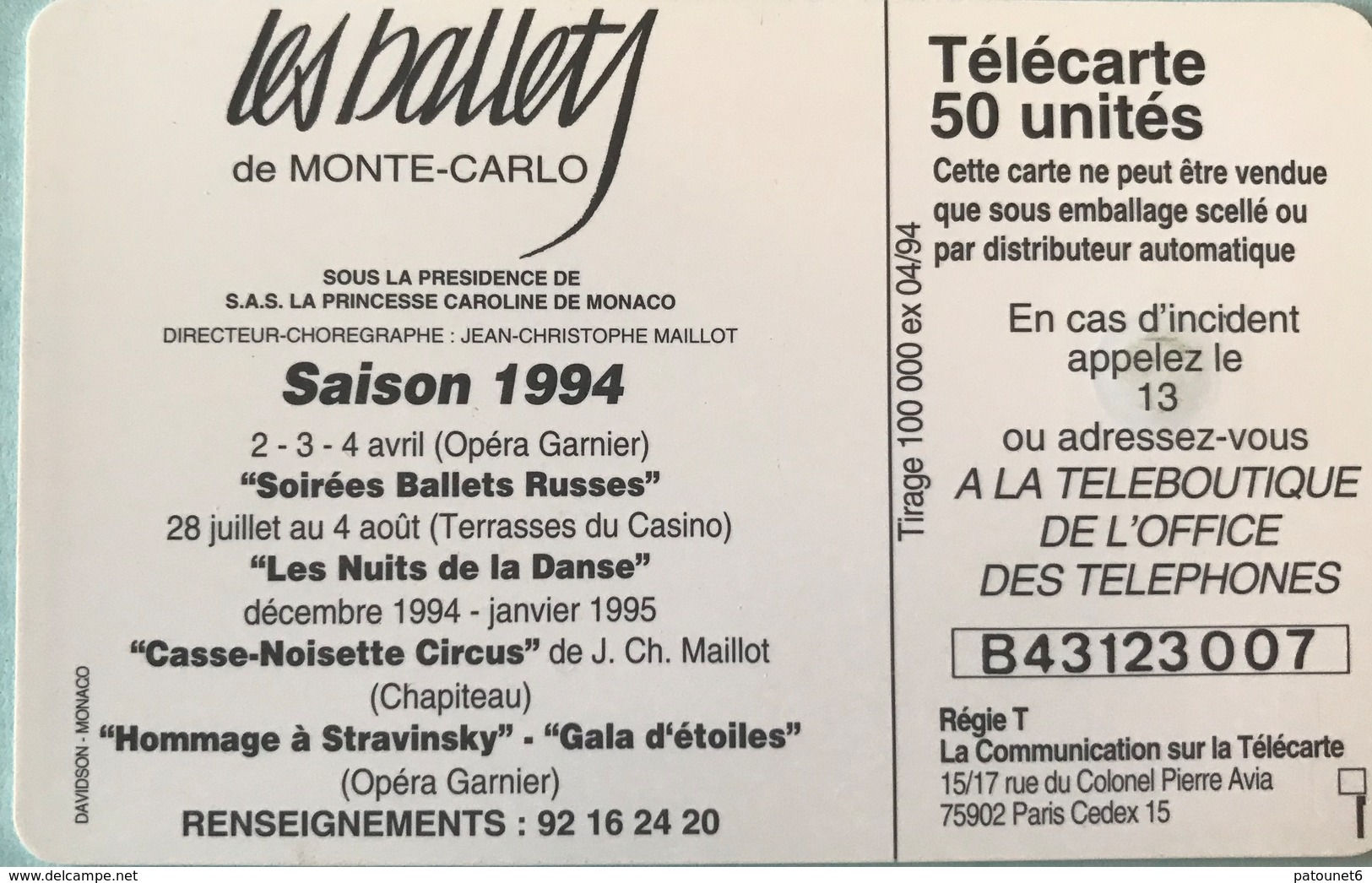 MONACO  -  Phonecard  -  MF 29  - Ballets 2 - Saison 94  -  50 Unités - Monaco