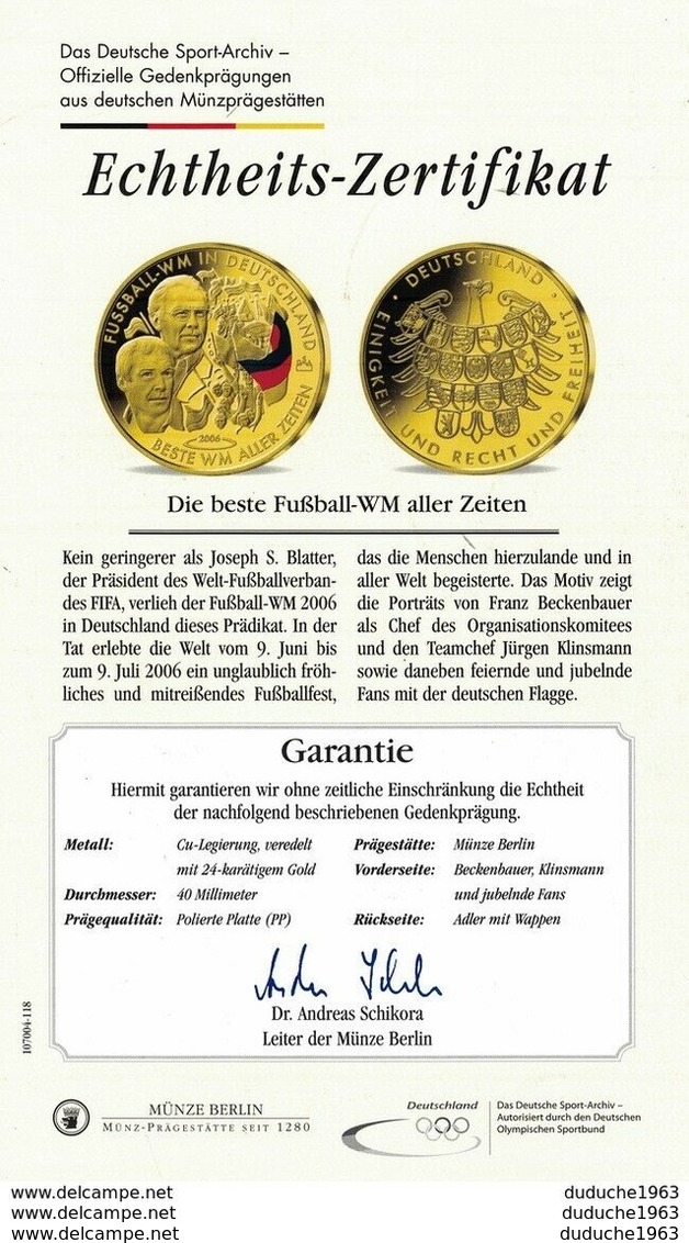 Allemagne. Médaille Doré Or Fin Football Coupe Du Monde 2006 Italie. Neuve - Andere & Zonder Classificatie