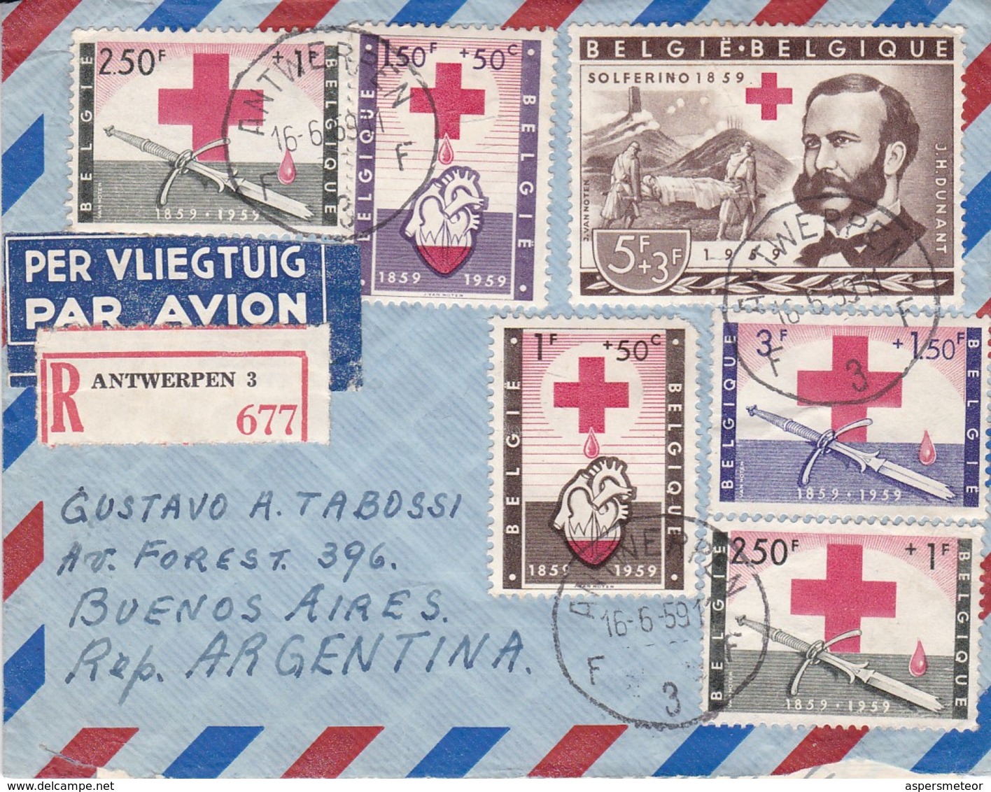 BELGIQUE ENVELOPE CIRCULEE ANTWERPEN A BUENOS AIRES, ARGENTINE ANNEE 1959 PAR AVION RECOMMANDE -LILHU - Lettres & Documents