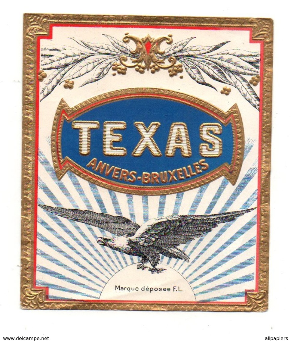 étiquette Gaufrée Dorée Texas Anvers-Bruxelles Cigares - Format : 12.5x10.5 Cm - Objetos Publicitarios