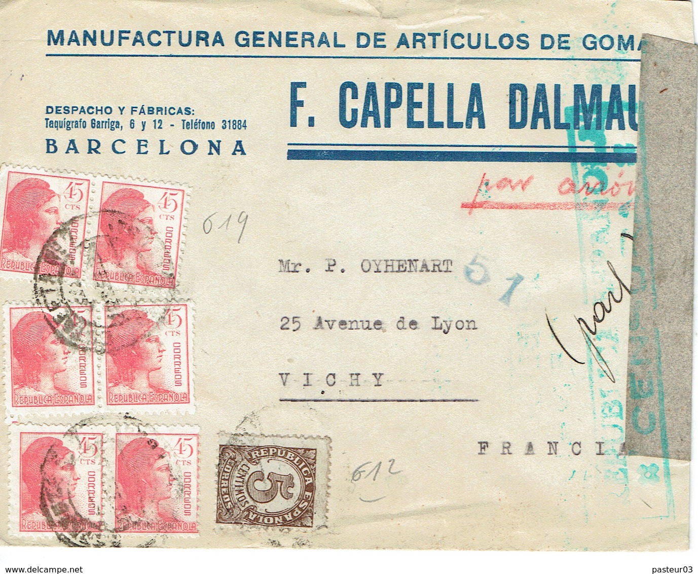 Espagne Lettre Par Avion Avec N° 619 X 6 + 612  Et Marque De Censure - Covers & Documents