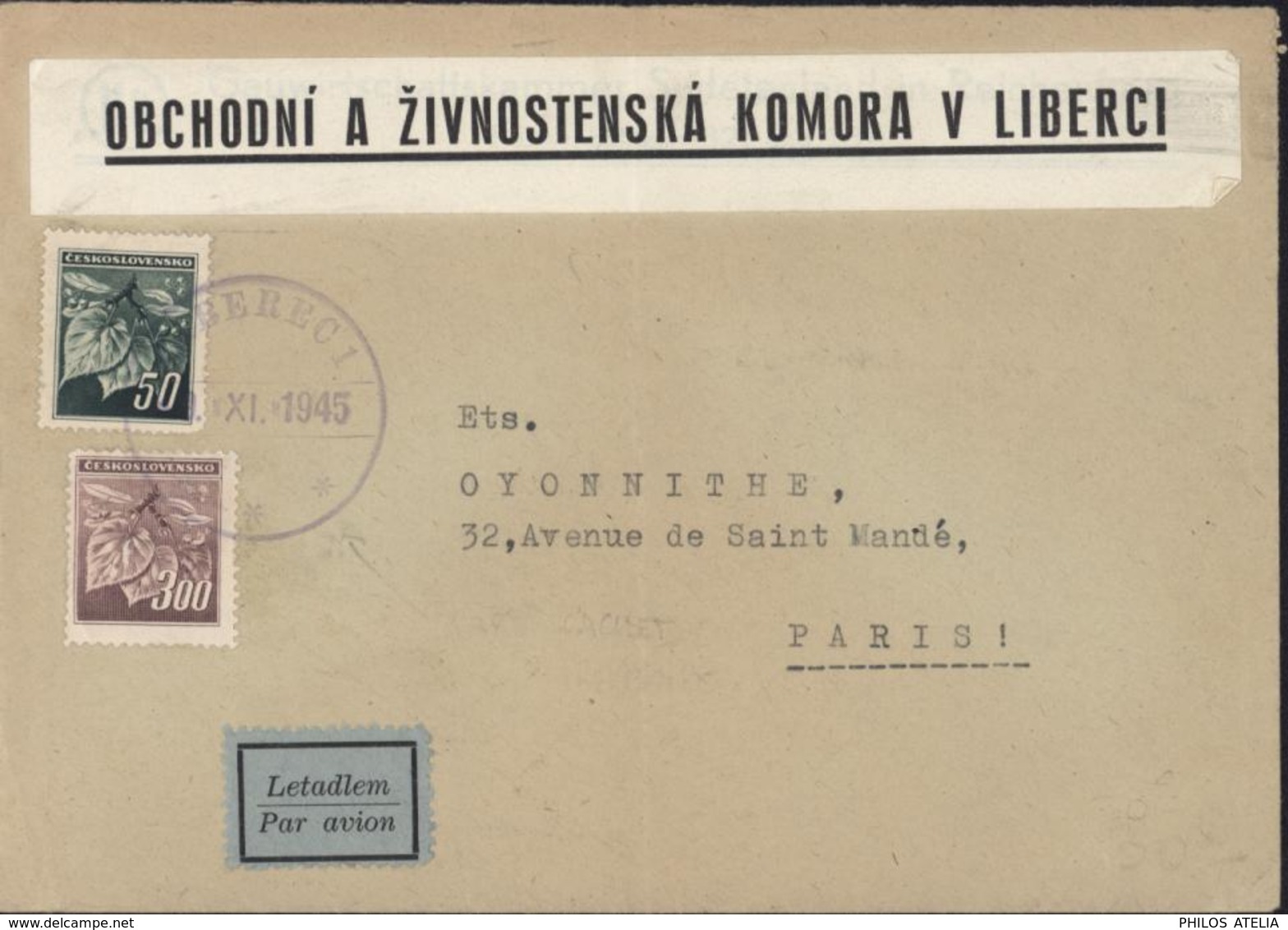 YT 374 + 379 Ceskoslovensko CAD Provisoire Liberec 1  9 XI 45 Par Avion Censure Obchodni A Zvinostenska Komora V Liberci - Used Stamps