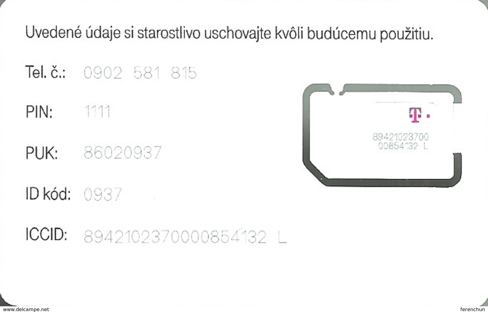 T-MOBILE * MOBILE * GSM * SIM CARD * T-Mobile 19 * Slovakia - Slovakia