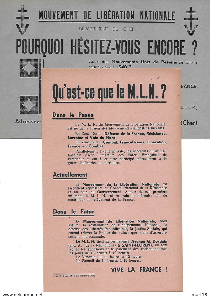 Tract M.L.N. Mouvement De Libération Nationale - 1945 St Florent (18) Politique - Pas Carte Postale - - Autres & Non Classés