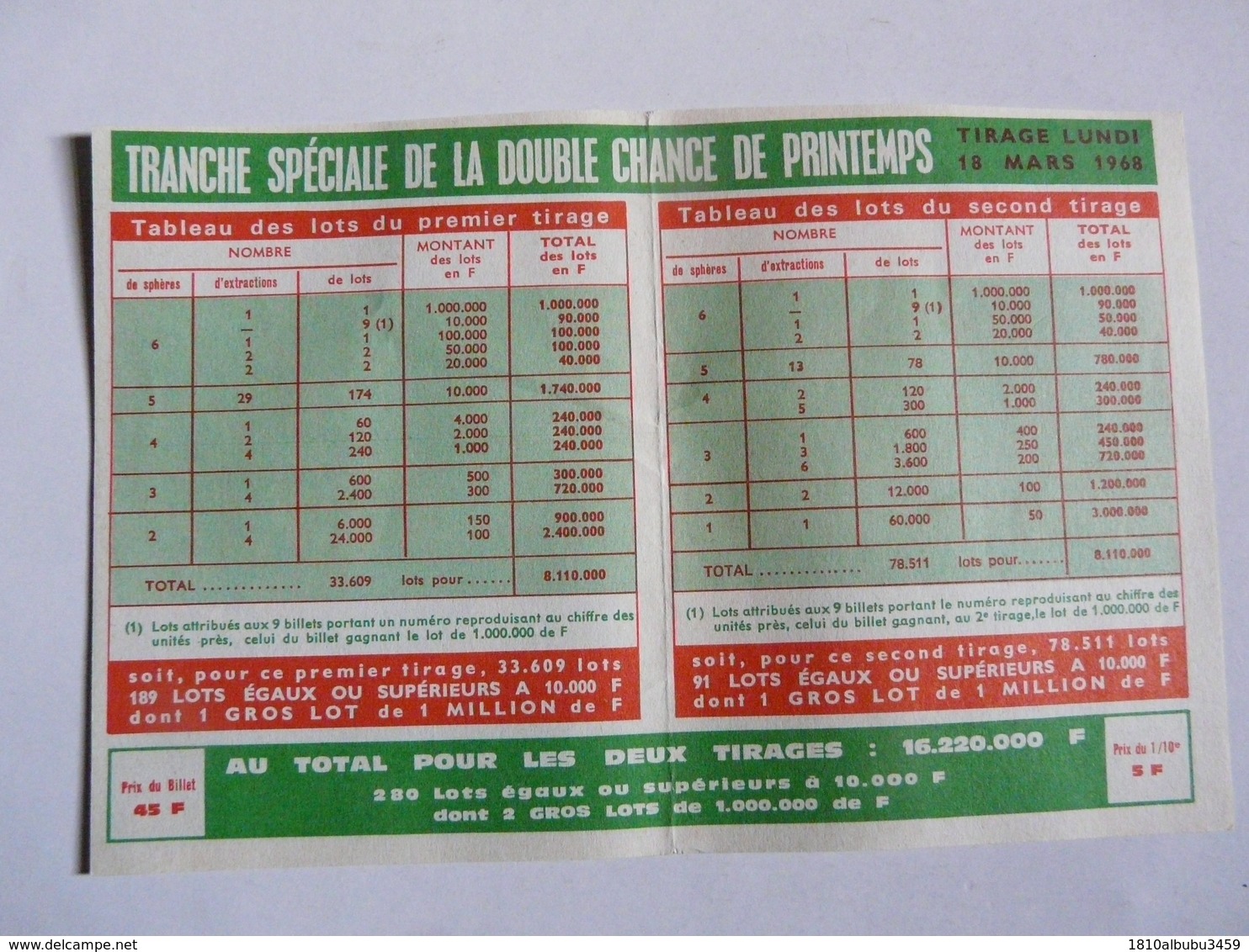 VIEUX PAPIERS - LOTERIE NATIONALE : Double Chance De Printemps 1968 - Lotterielose