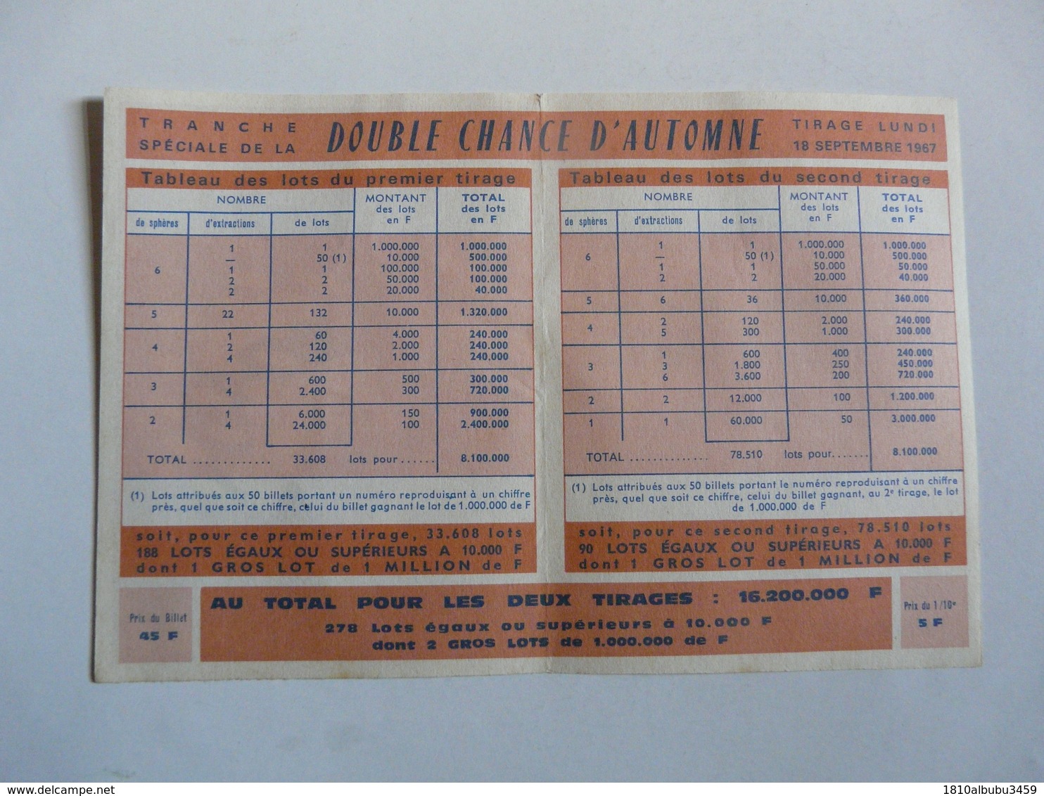 VIEUX PAPIERS - LOTERIE NATIONALE : Double Chance D'automne 1967 - Billets De Loterie