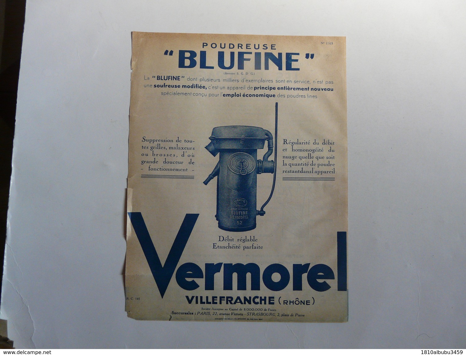 VIEUX PAPIERS - PUBLICITE : VERMOREL - VILLEFRANCHE (Rhône) - POUDREUSE "BLUFINE" - Publicités