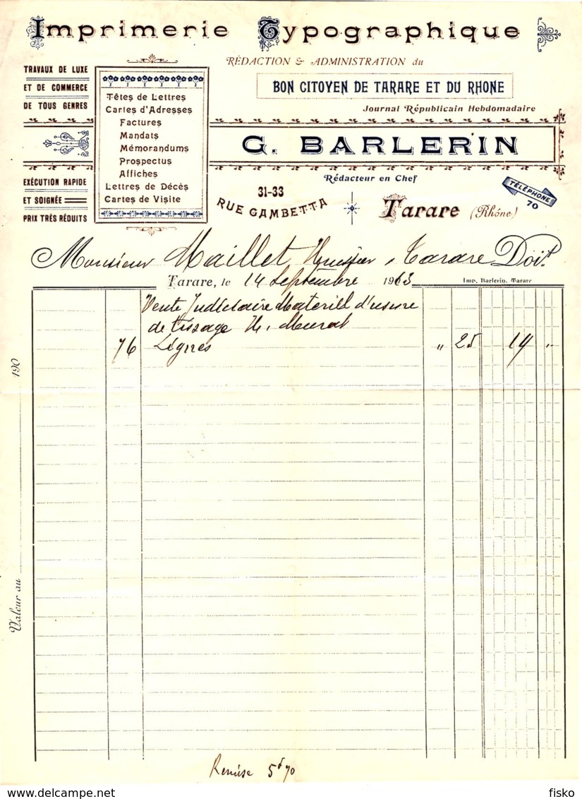 BARLERIN  Imprimerie "Bon Citoyen De Tarare Et Du Rhône"   TARARE  69   1913 - 1900 – 1949