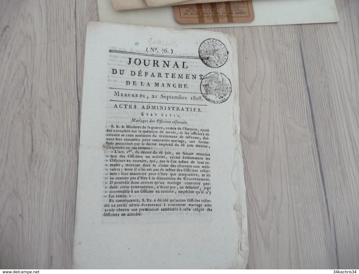 Journal Du Département De La Manche 21 Septembre 1808 N° 76 - 1800 - 1849