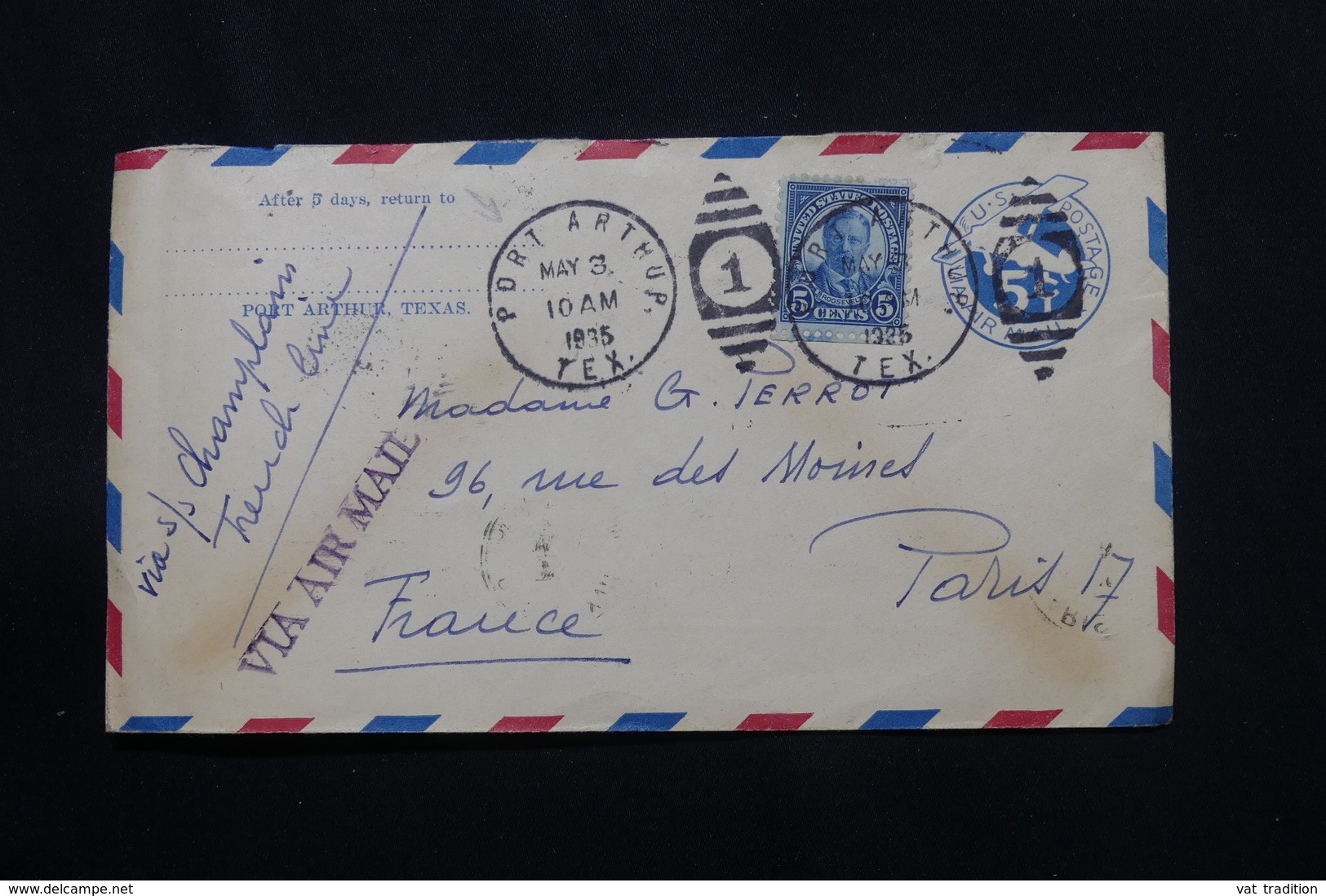 ETATS UNIS - Entier Postal + Complément De Port Arthur Pour La France En 1935 Par Avion  - L 60534 - 1921-40