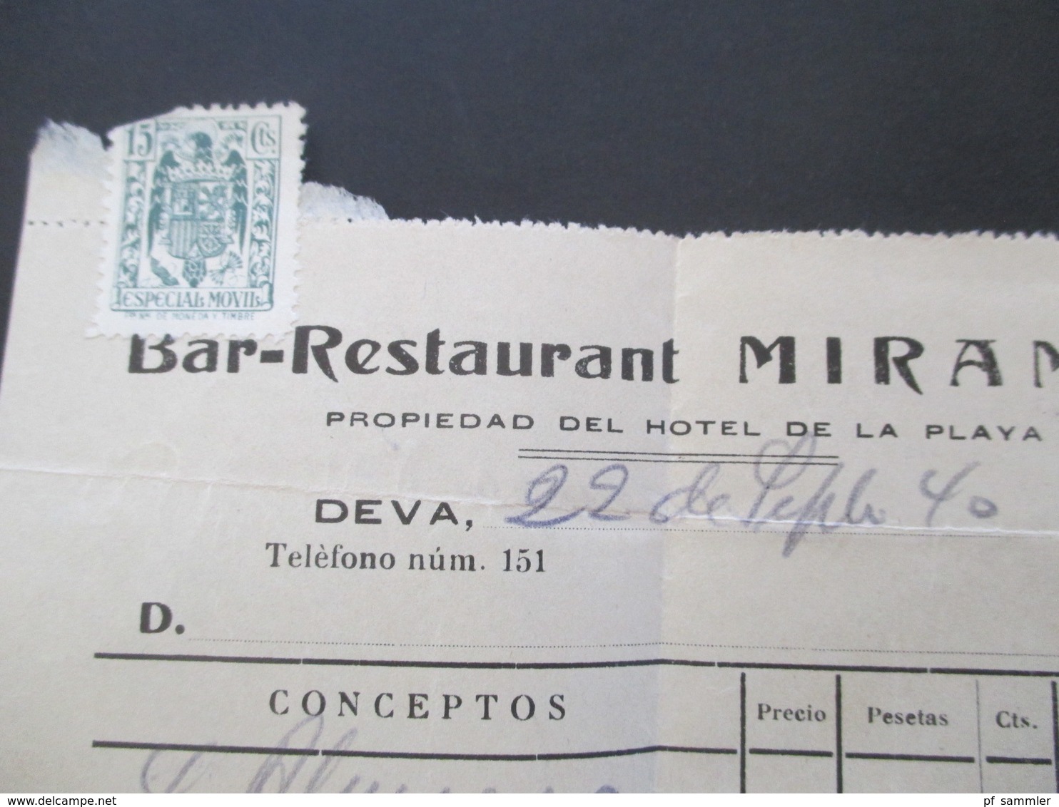 Spanien 1940 Rechnung Mit Fiskalmarke / Gebührenmarke ? Bar Restaurant Miramar Hotel Propiedad Del De La Playa Deva - Covers & Documents