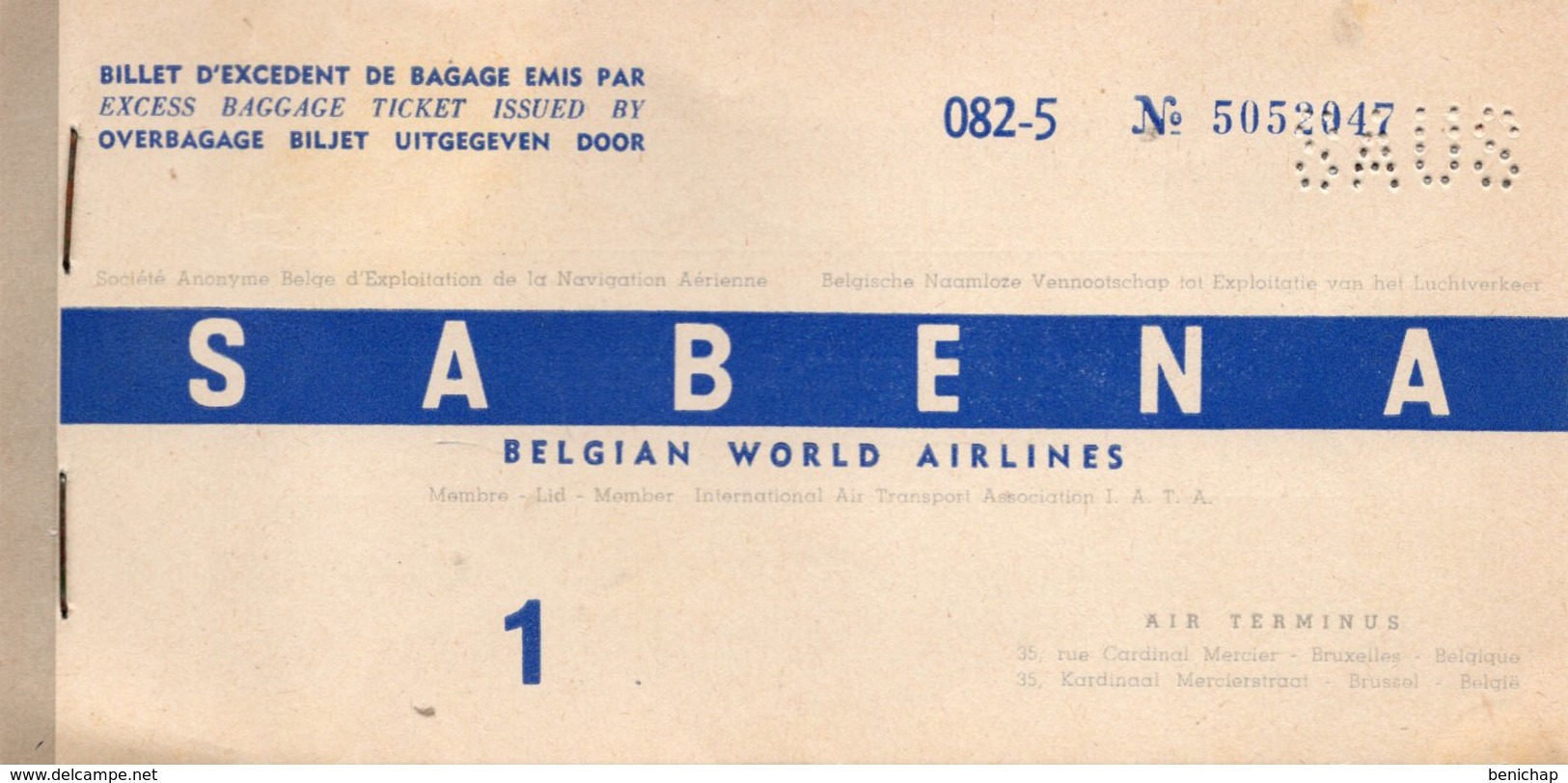 Billet D'excedent De Bagage Emis Par SABENA BELGIAN WORLD AIRLINES - 11 JANVIER 1959. - Welt