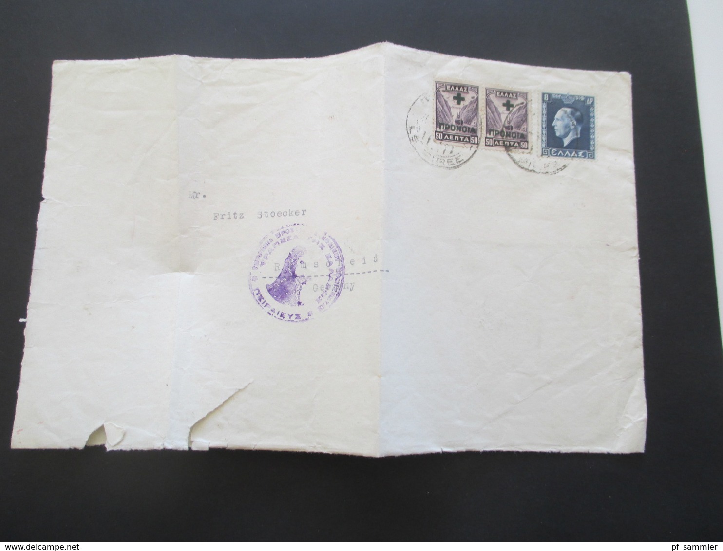 Griechenland Um 1937 MiF Mit Soziale Fürsorge Nr. 58b Und Violettem Stempel Nach Burscheid - Cartas & Documentos