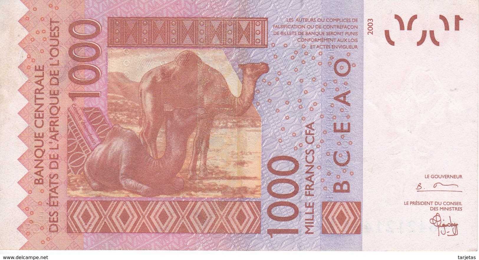 BILLETE DE SENEGAL DE 1000 FRANCS DEL AÑO 2003 (CAMELLO-CAMEL) (BANK NOTE) - Senegal