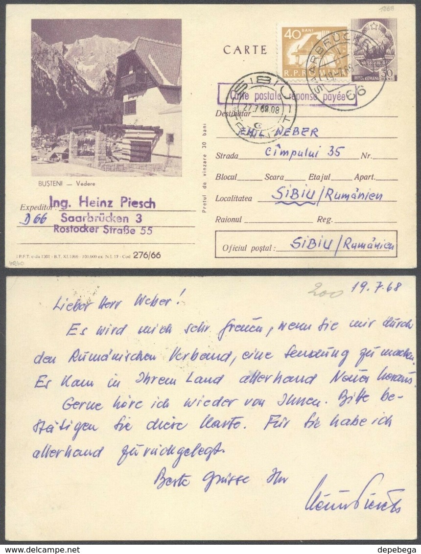 Romania - Reply Stationery Card, MiNr. P 535 'Carte Postale - Réponse Payée'. Saarbrücken 19.7.1968 - Sibiu. - Interi Postali