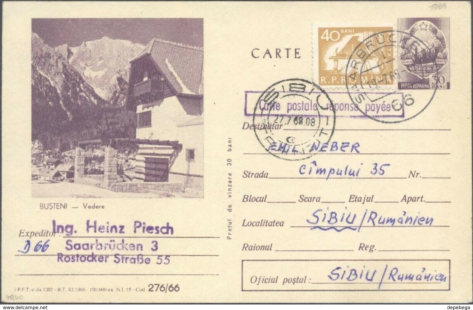 Romania - Reply Stationery Card, MiNr. P 535 'Carte Postale - Réponse Payée'. Saarbrücken 19.7.1968 - Sibiu. - Ganzsachen