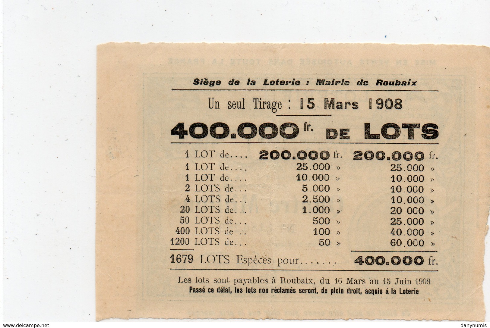 Loteries   Locales              '  Au Profit D'Oeuvres Municipales De La Villes De ROUBAIX ' - Lottery Tickets