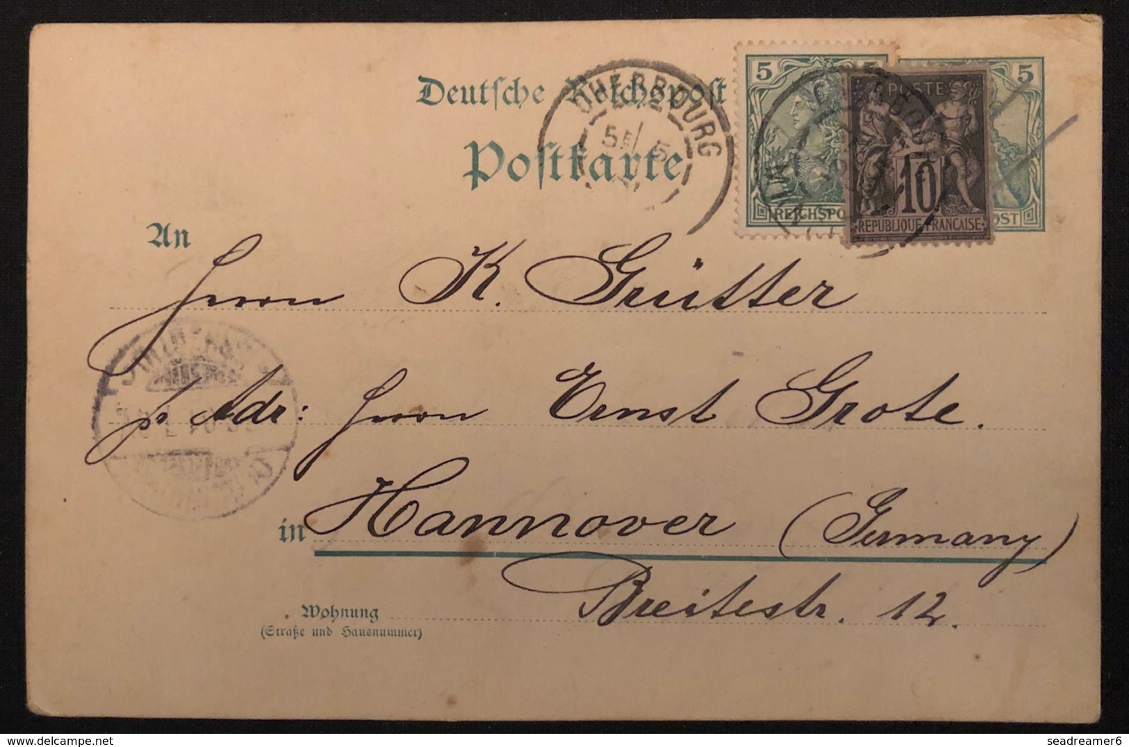 Réemploi Carte Postale Allemande Avec Timbres Allemand Annulé Et Sage N°103 De Cherbourg Pour Hannovre Amusant !! - 1898-1900 Sage (Type III)