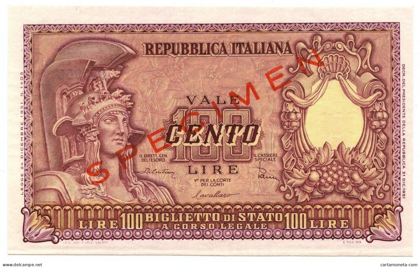 100 LIRE SPECIMEN BIGLIETTO DI STATO ITALIA ELMATA DI CRISTINA 31/12/1951 SUP+ - [ 8] Vals En Specimen