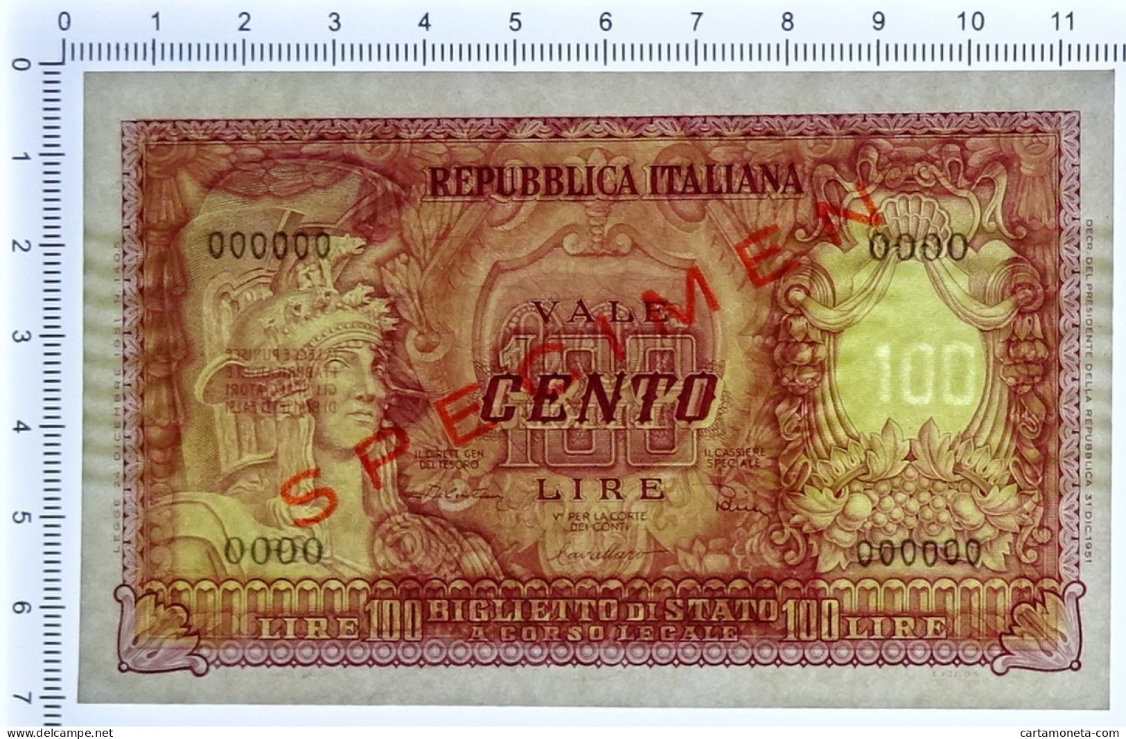 100 LIRE SPECIMEN BIGLIETTO DI STATO ITALIA ELMATA DI CRISTINA 31/12/1951 SUP+ - [ 8] Fakes & Specimens