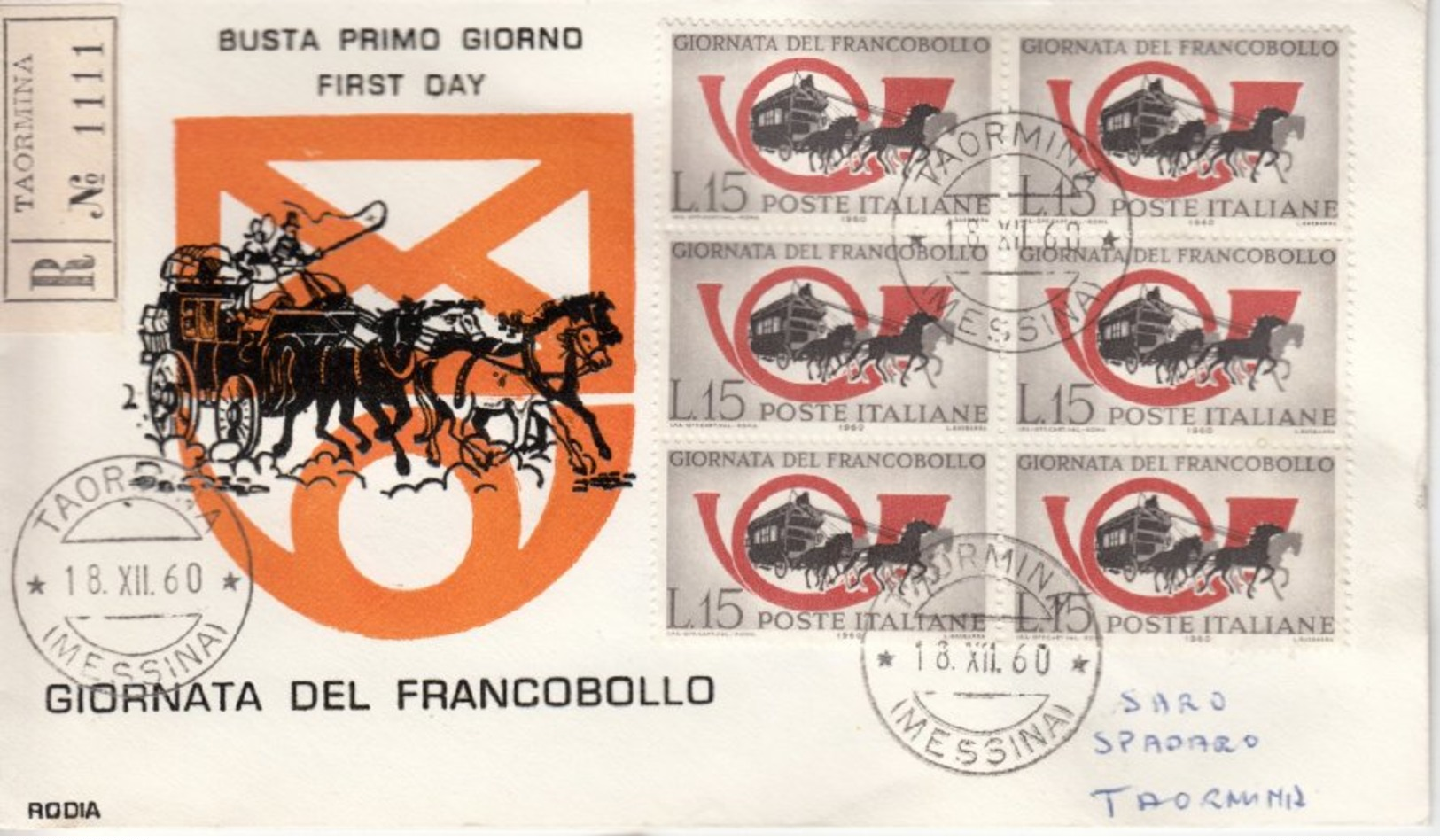 Italien - 15 L. Tag D. Briefmarke, 6er-Block A. Schmuck-FDC/R-Brief Taormina - Non Classés