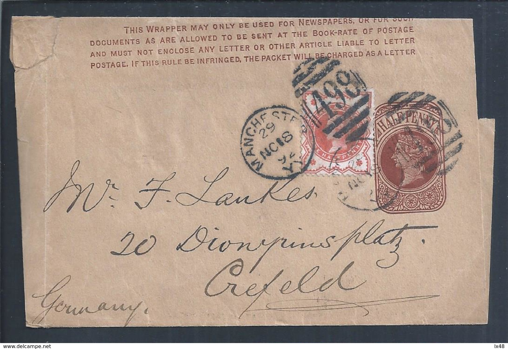 Stationery Newspaper Strap With Additional Stamp From Manchester To Crefeld, Germany. Briefpapier-Zeitungsband Mit Zusät - Briefe U. Dokumente