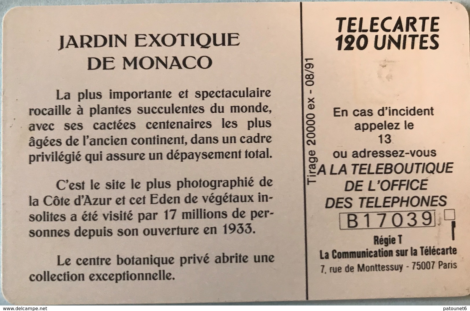 MONACO  -  Phonecard  -  MF 17  -  JARDIN EXOTIQUE  -  120 Unités - Monaco