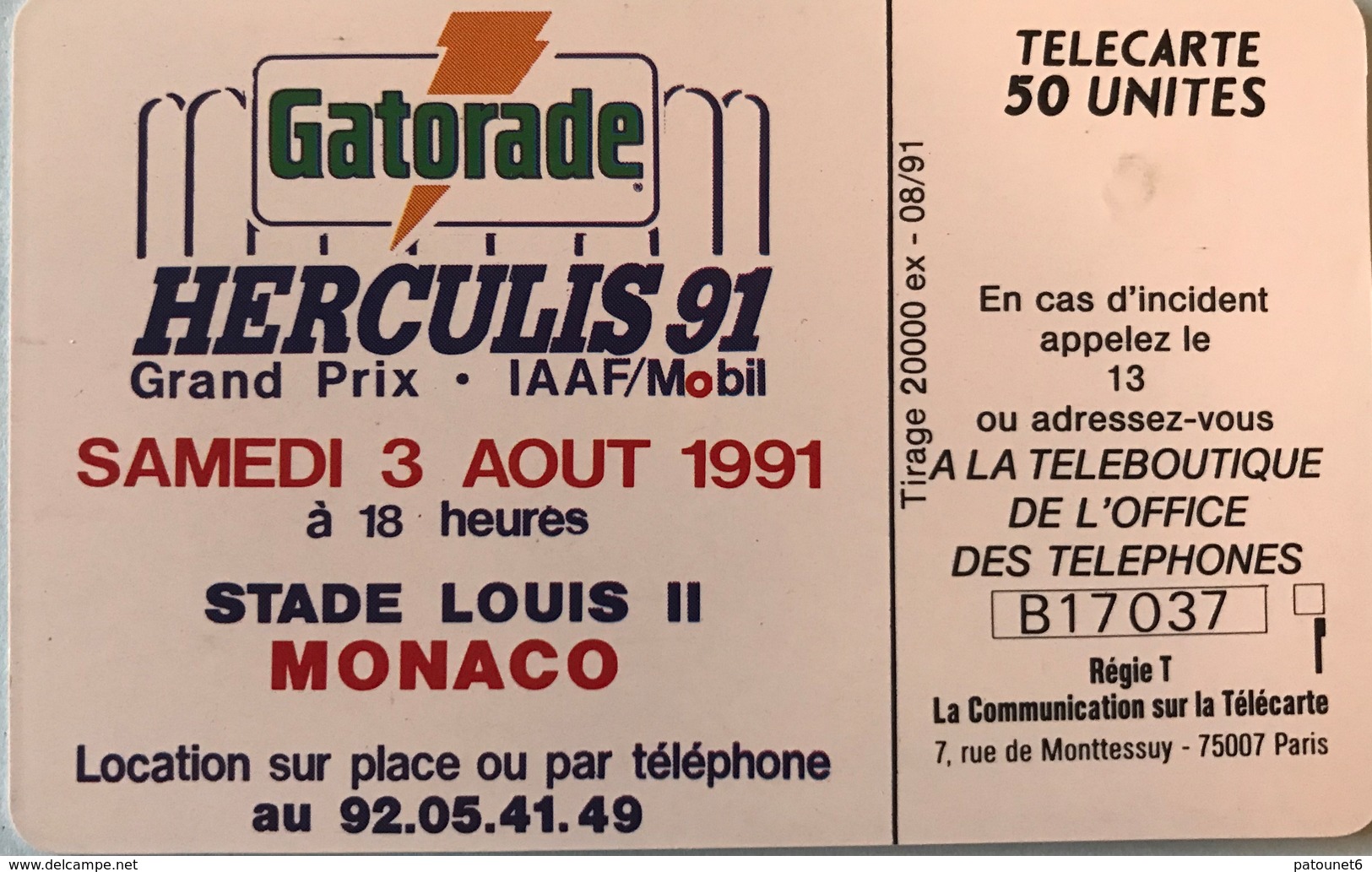 MONACO  -  Phonecard  -  MF 15  -  Gatorade - Herculis 91  -  50 Unités - Monaco