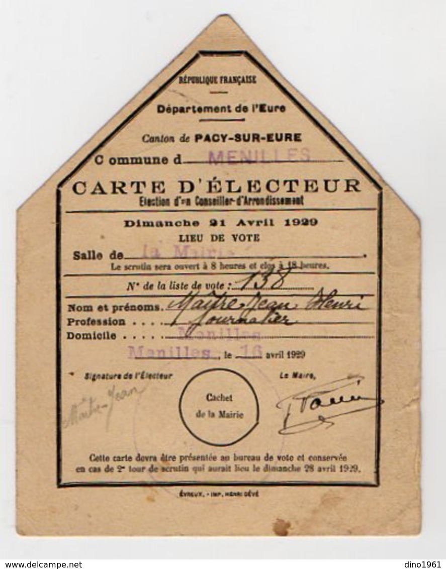 VP17.088 - Commune De MENILLES 1929 - Carte D'Electeur - Mr Jean Henri MAÏTRE - Other & Unclassified