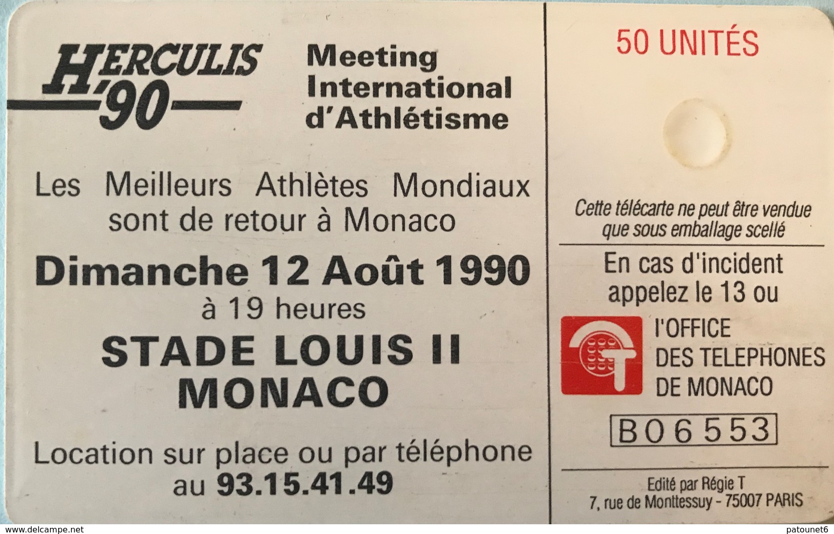 MONACO  -  Phonecard  -  MF 6  -  HERCULIS 90  -  50 Unités - Monaco