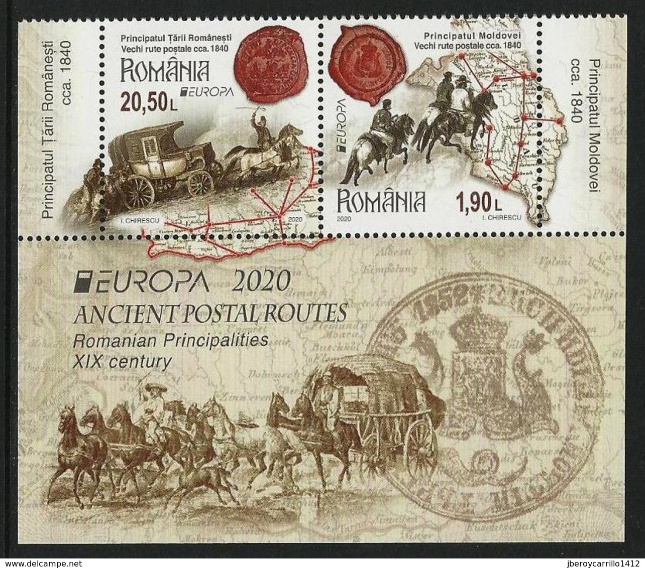 RUMANIA /ROMANIA /RUMÄNIEN -EUROPA 2020 -"ANTIGUAS RUTAS POSTALES - ANCIENT POSTAL ROUTES.- SERIE De BF Tipo 1- INF - 2020