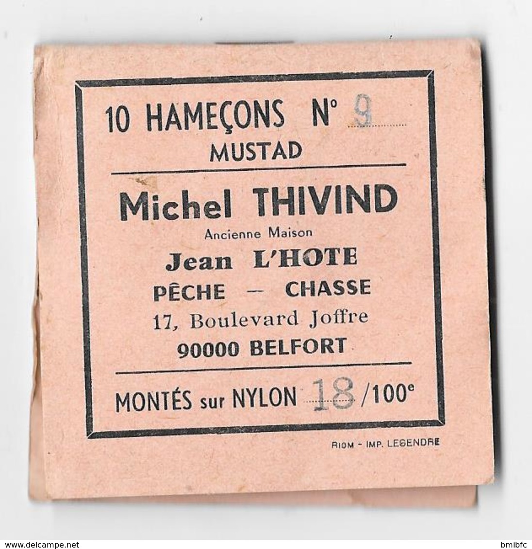 10 Hameçons N° 9 - MUSTAD - Michel THIVIND 17, Boulevard Joffre 90000 BELFORT Montés Sur Nylon 18/100è - Pêche