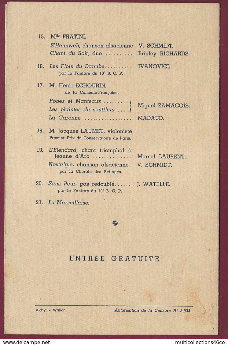 050520B - Programme 1942 Concert Gala Au Profit Des Réfugiés ALSACE LORRAINE à VICHY Fanfare 10e BCP - 1939-45