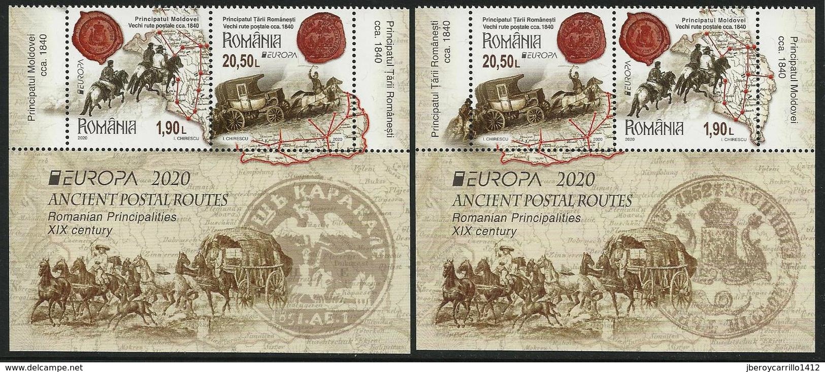 RUMANIA /ROMANIA /RUMÄNIEN -EUROPA 2020 -"ANTIGUAS RUTAS POSTALES - ANCIENT POSTAL ROUTES.- SERIES De BF Tipo 1 + 2- INF - 2020