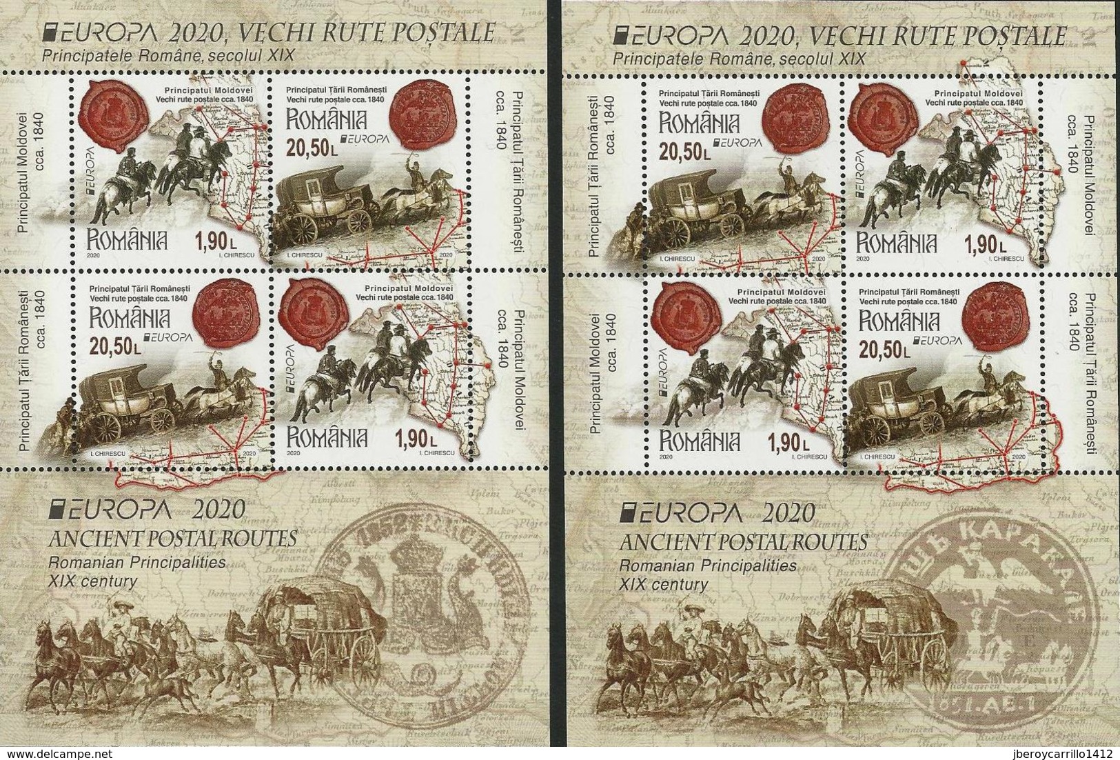 RUMANIA /ROMANIA /RUMÄNIEN -EUROPA 2020 -"ANTIGUAS RUTAS POSTALES- ANCIENT POSTAL ROUTES.-HOJITAS BLOQUE TIPO 1 + TIPO 2 - 2020