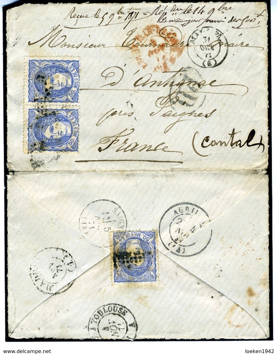 ESPAGNE 1871  LETTRE  MALAGA A  ANTIGNAC 3 X 50MILS N° 107     Ref LC32 - Cartas & Documentos