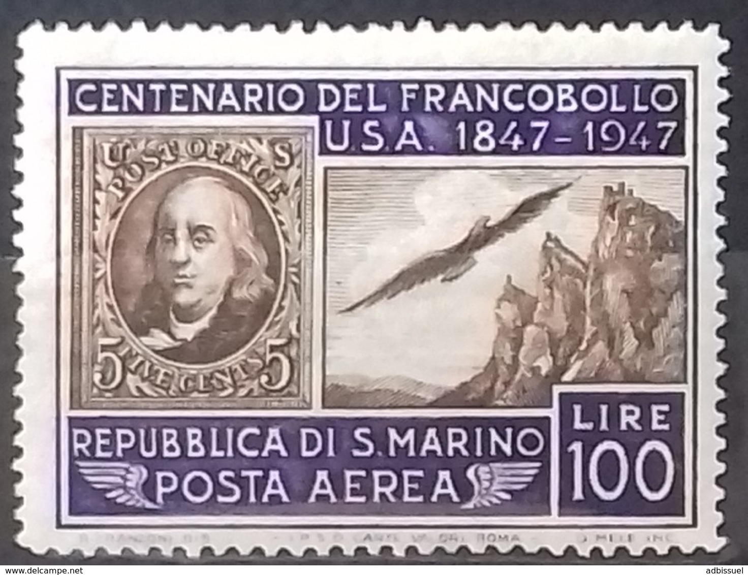 SAINT-MARIN POSTE AERIENNE N° 66 COTE 30 € NEUF ** MNH 1947 EFFIGIE DE BENJAMIN FRANKLIN - Airmail